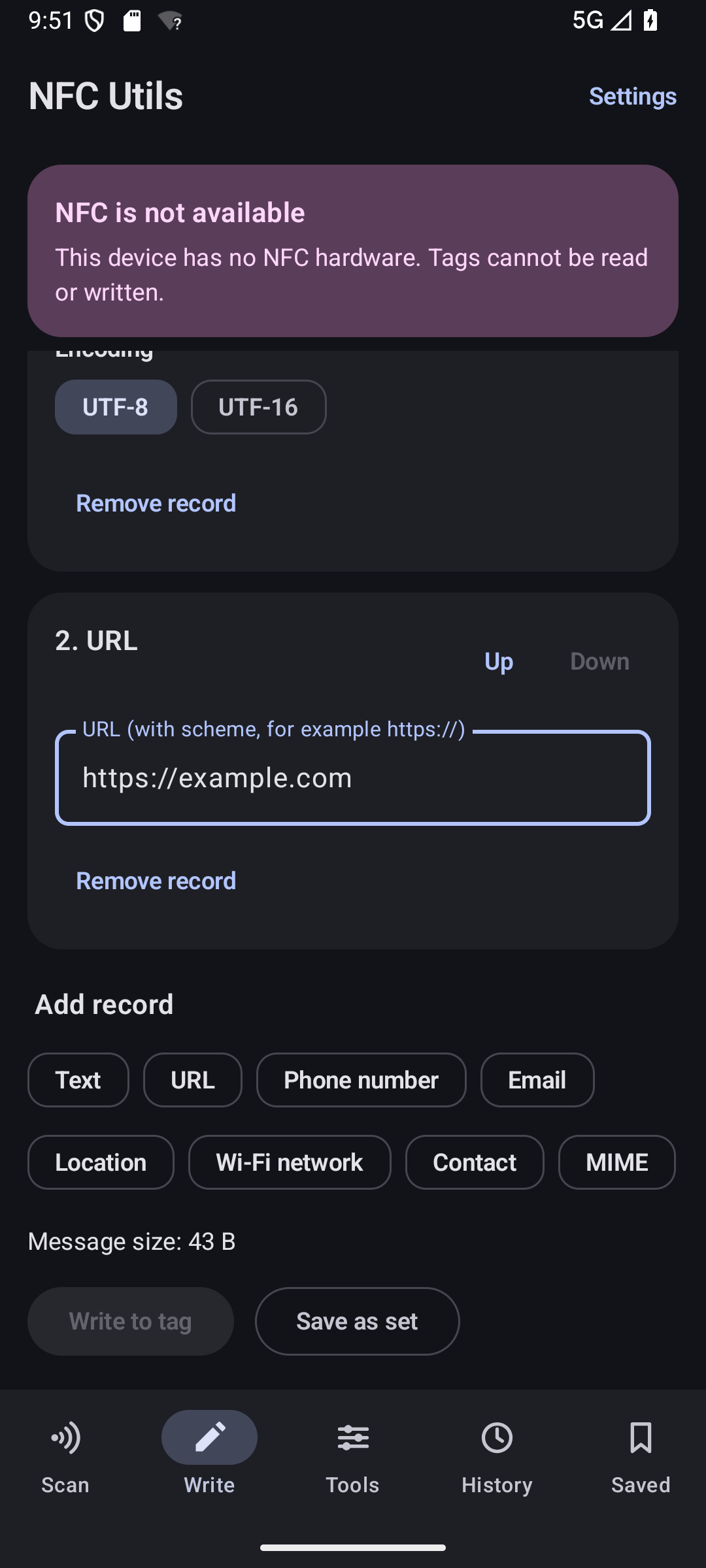 Write screen with a text record and a URL record